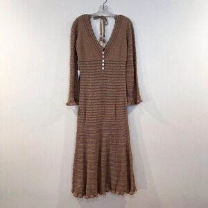 She Made Me Tan Brown Crochet Knit Beach Cover Up Adjustable Maxi Dress L NWT